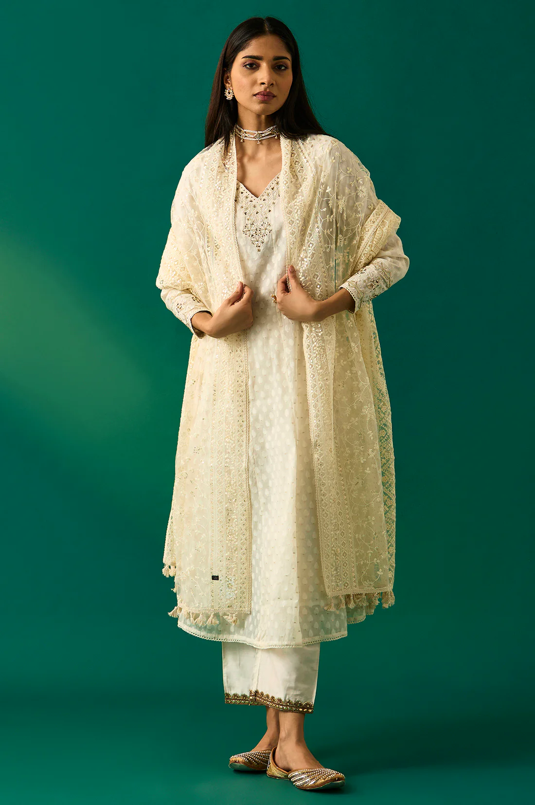 Off-White Embroidered Anarkali Cotton Kurta